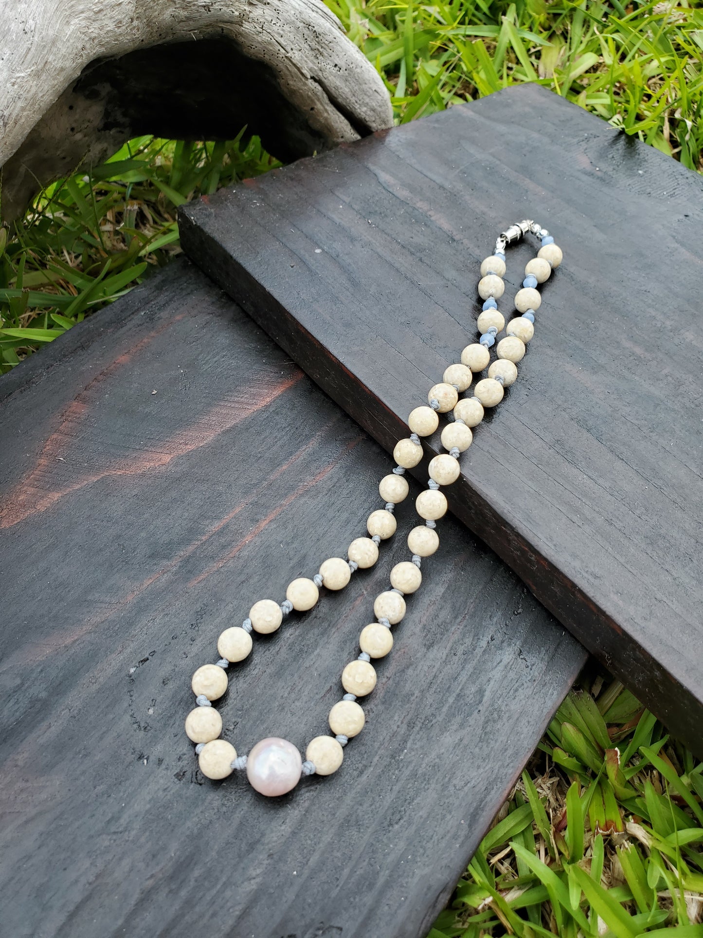Knotted Gemstone Necklace River Stone/Flameball Freshwater Pearl