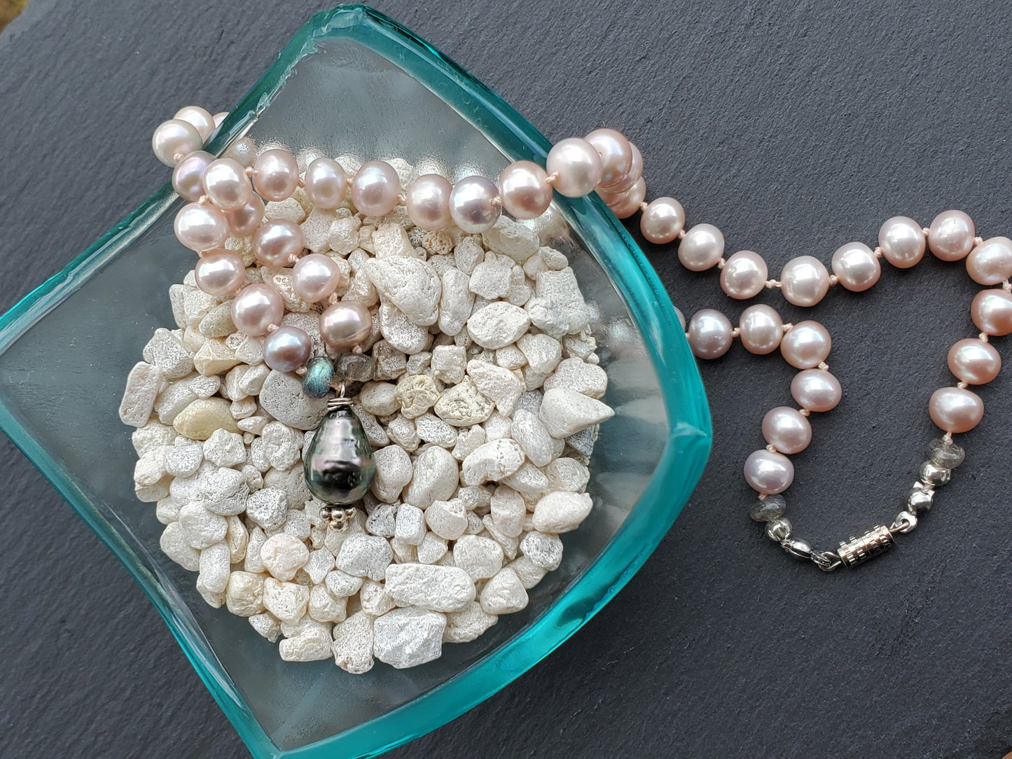 Baby Pink Freshwater Pearls & Tahitian Necklace