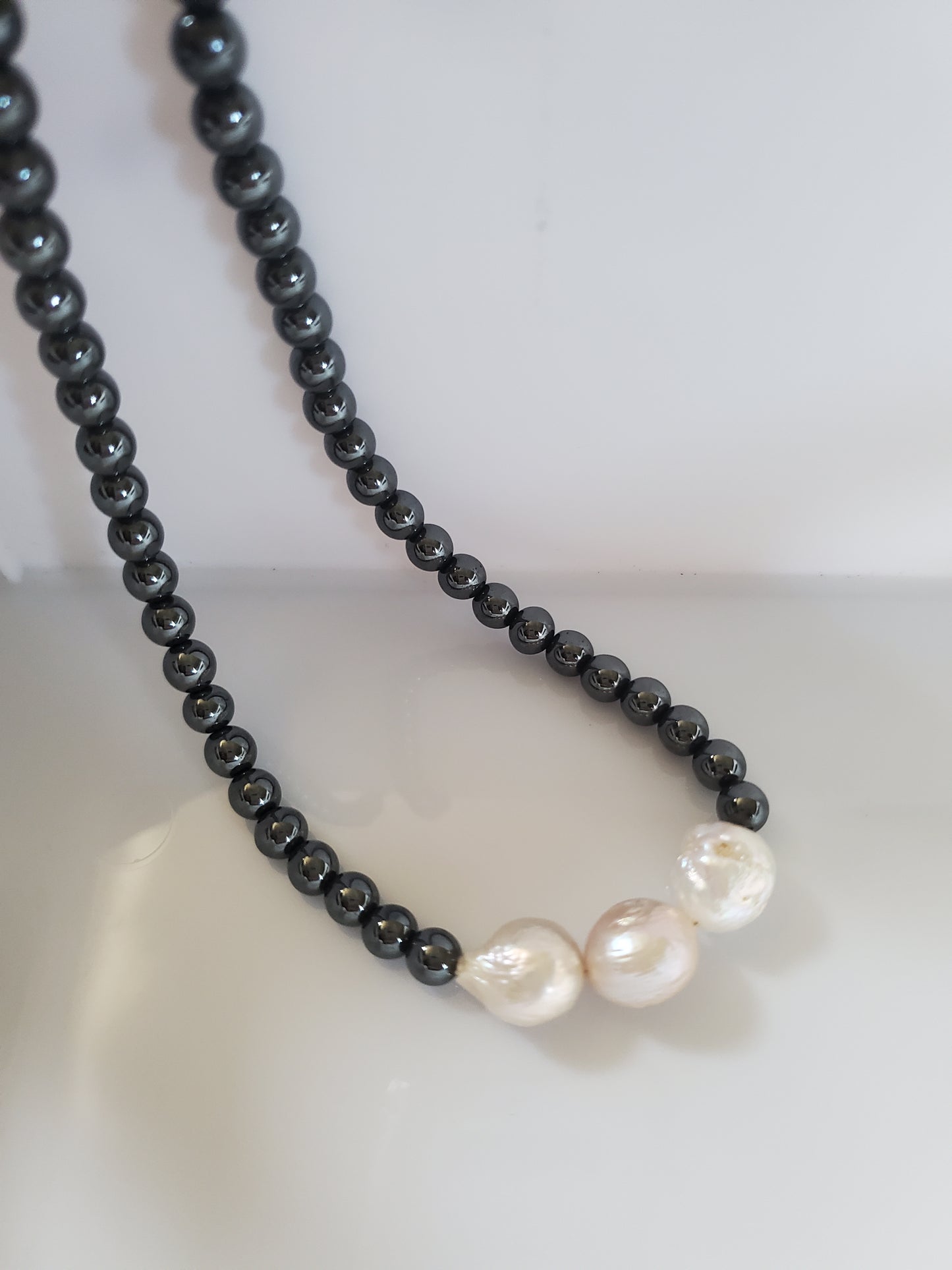 Trio Flameball Pearls & Hematite Necklace