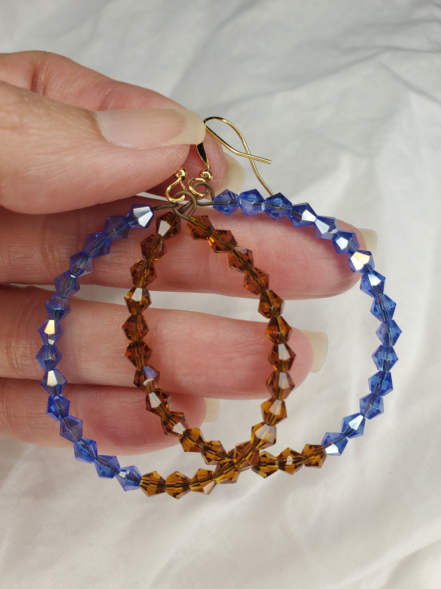 Fire Polished Crystal Hoops-Brown/Blue