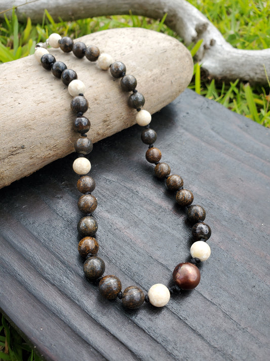 Knotted Gemstone Necklace Bronzite & River Stone