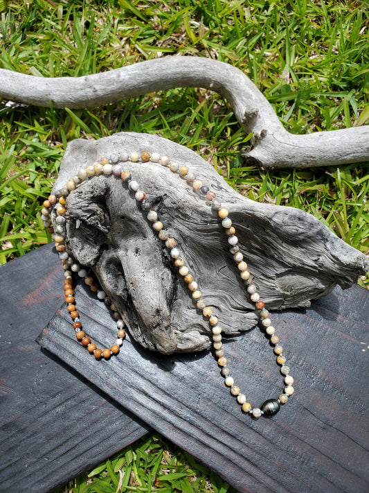 Knotted Gemstone Necklace with Tahitian Crazy Agate