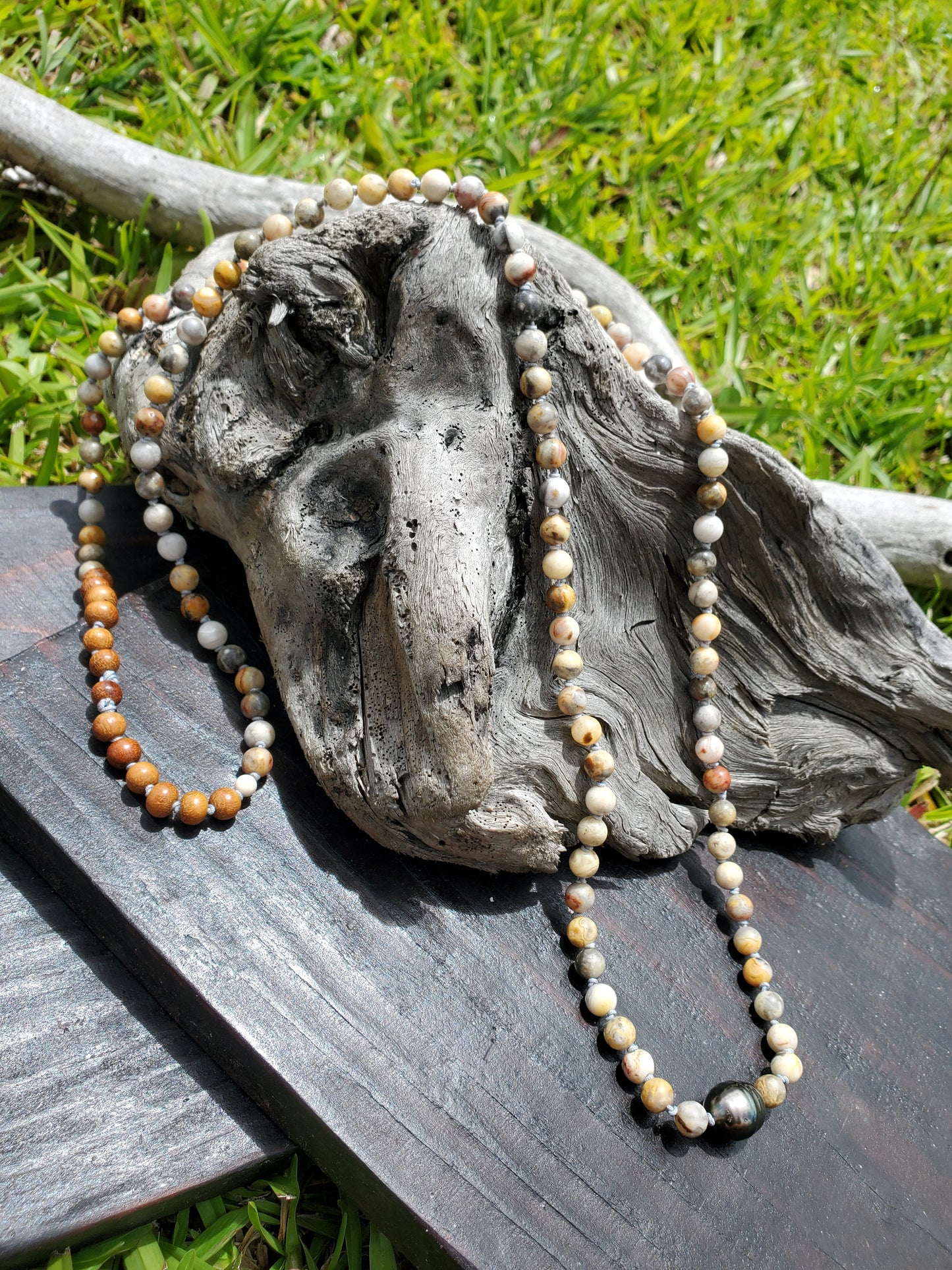 Knotted Gemstone Necklace with Tahitian Crazy Agate