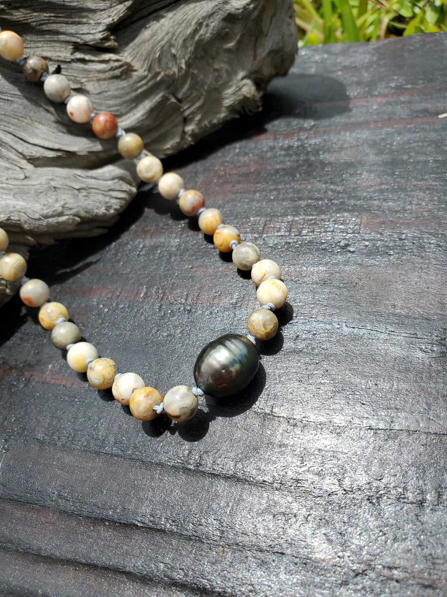 Knotted Gemstone Necklace with Tahitian Crazy Agate