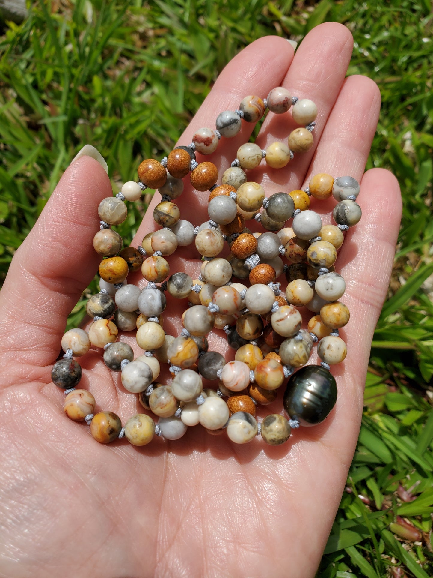 Knotted Gemstone Necklace with Tahitian Crazy Agate