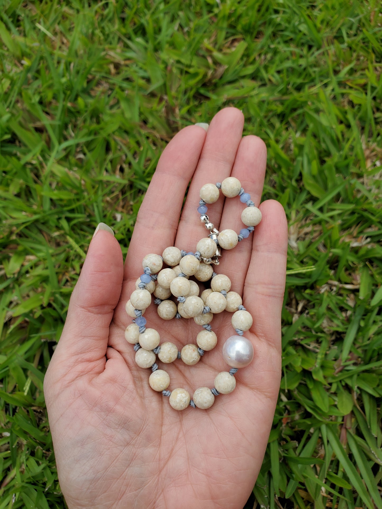 Knotted Gemstone Necklace River Stone/Flameball Freshwater Pearl