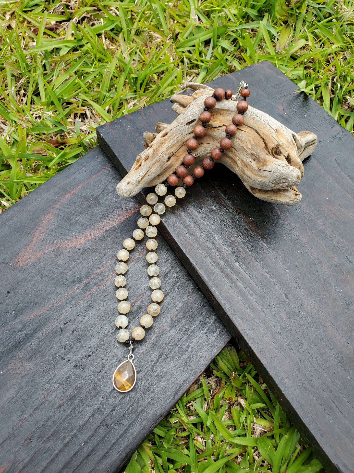 Knotted Gemstone Necklace Honey Quartz/Tiger Eye