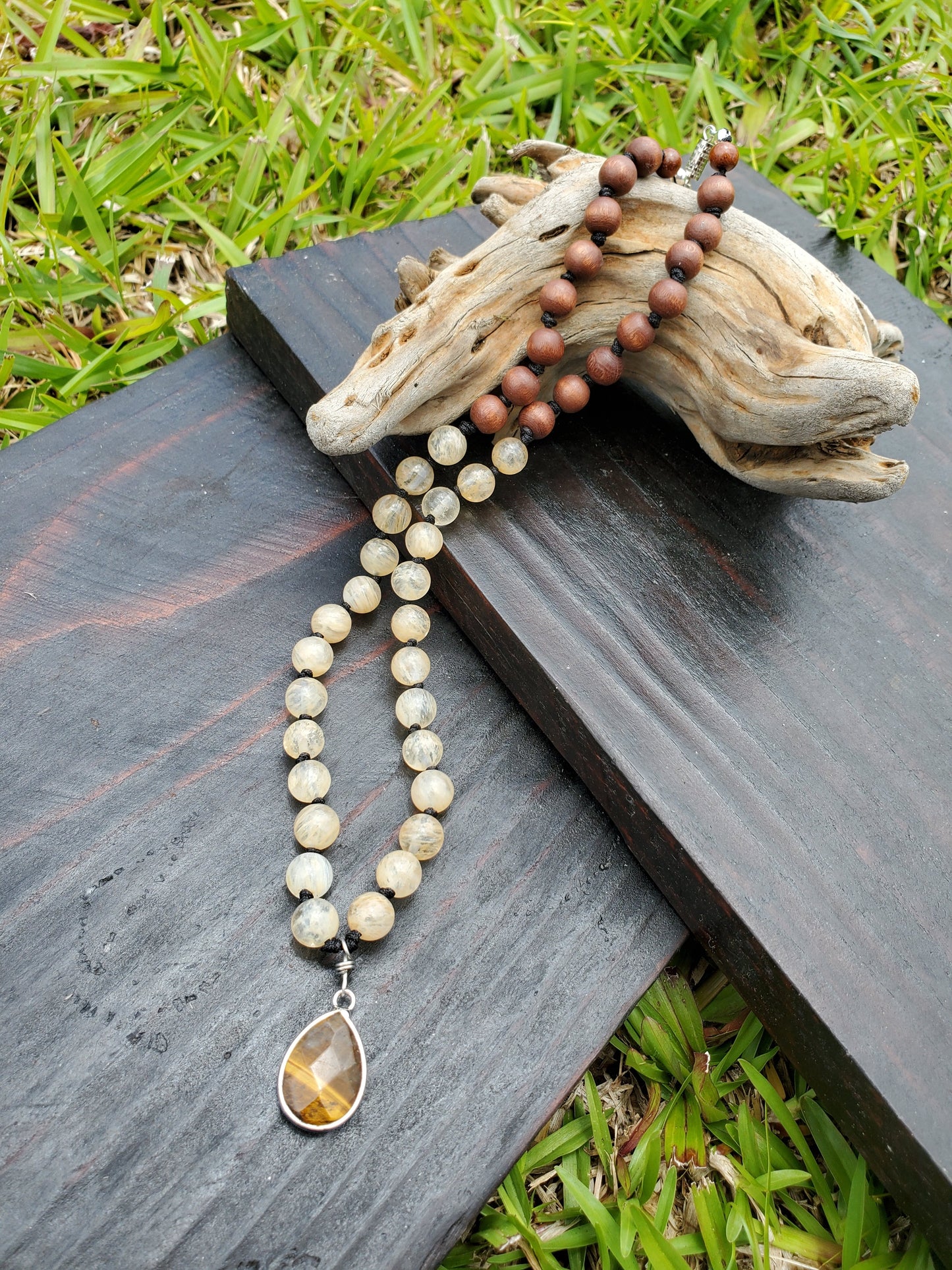 Knotted Gemstone Necklace Honey Quartz/Tiger Eye