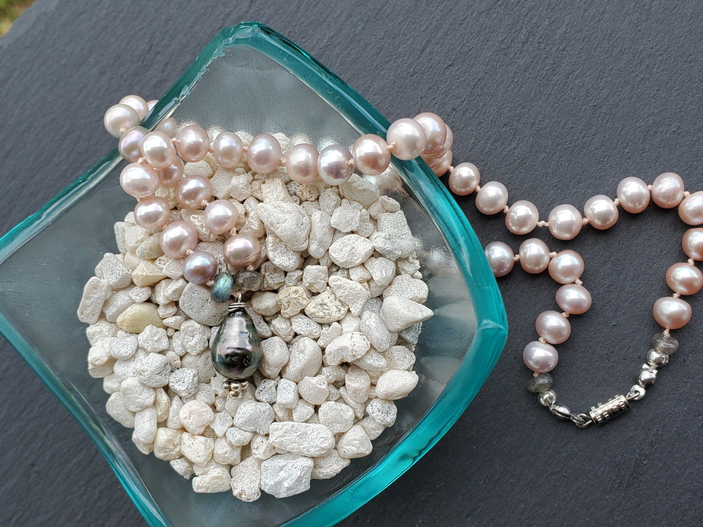 Baby Pink Freshwater Pearls & Tahitian Necklace