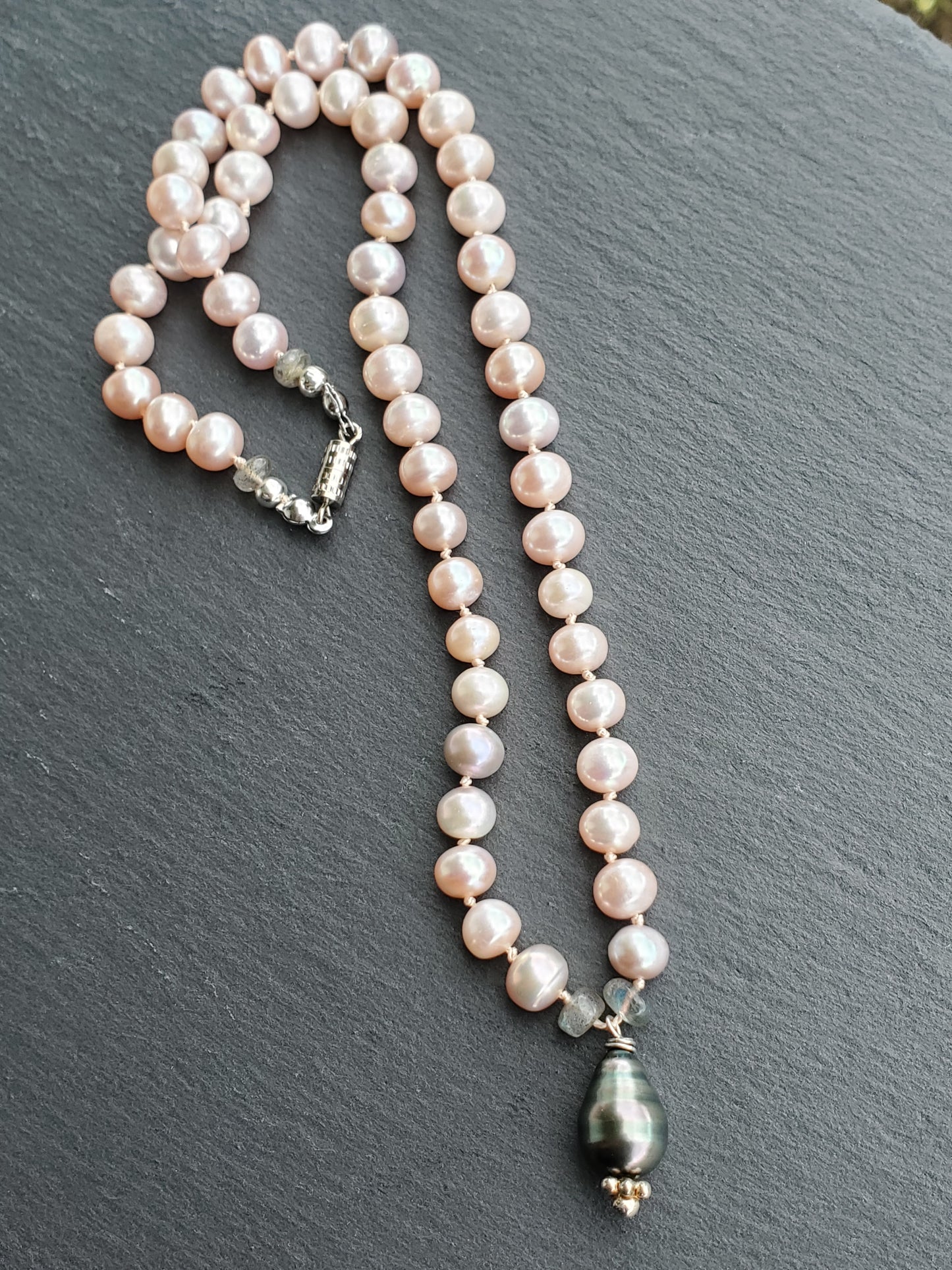 Baby Pink Freshwater Pearls & Tahitian Necklace