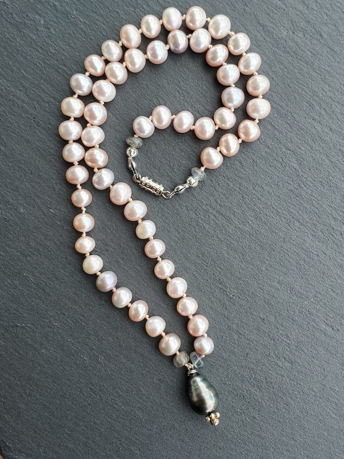 Baby Pink Freshwater Pearls & Tahitian Necklace