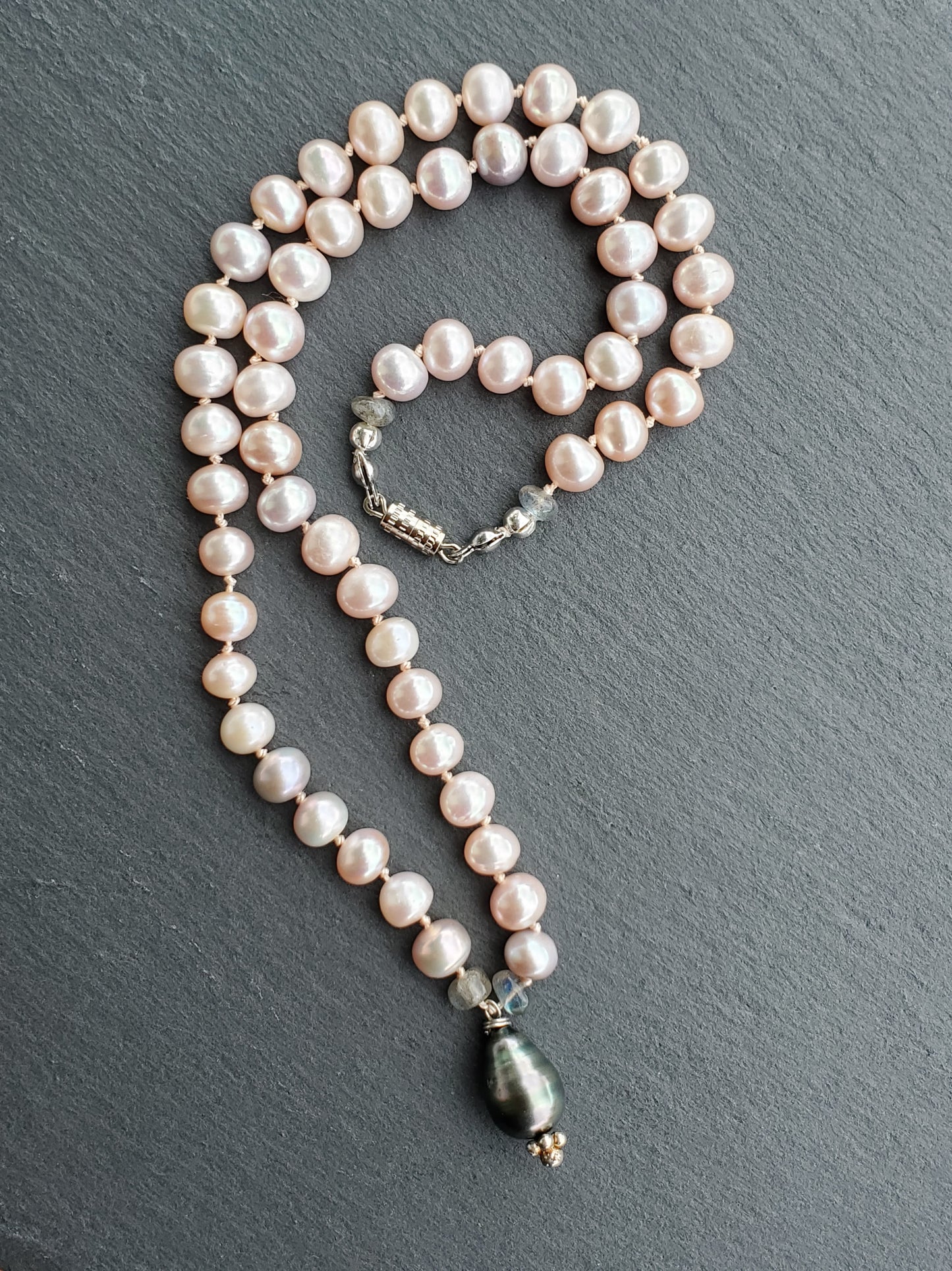 Baby Pink Freshwater Pearls & Tahitian Necklace