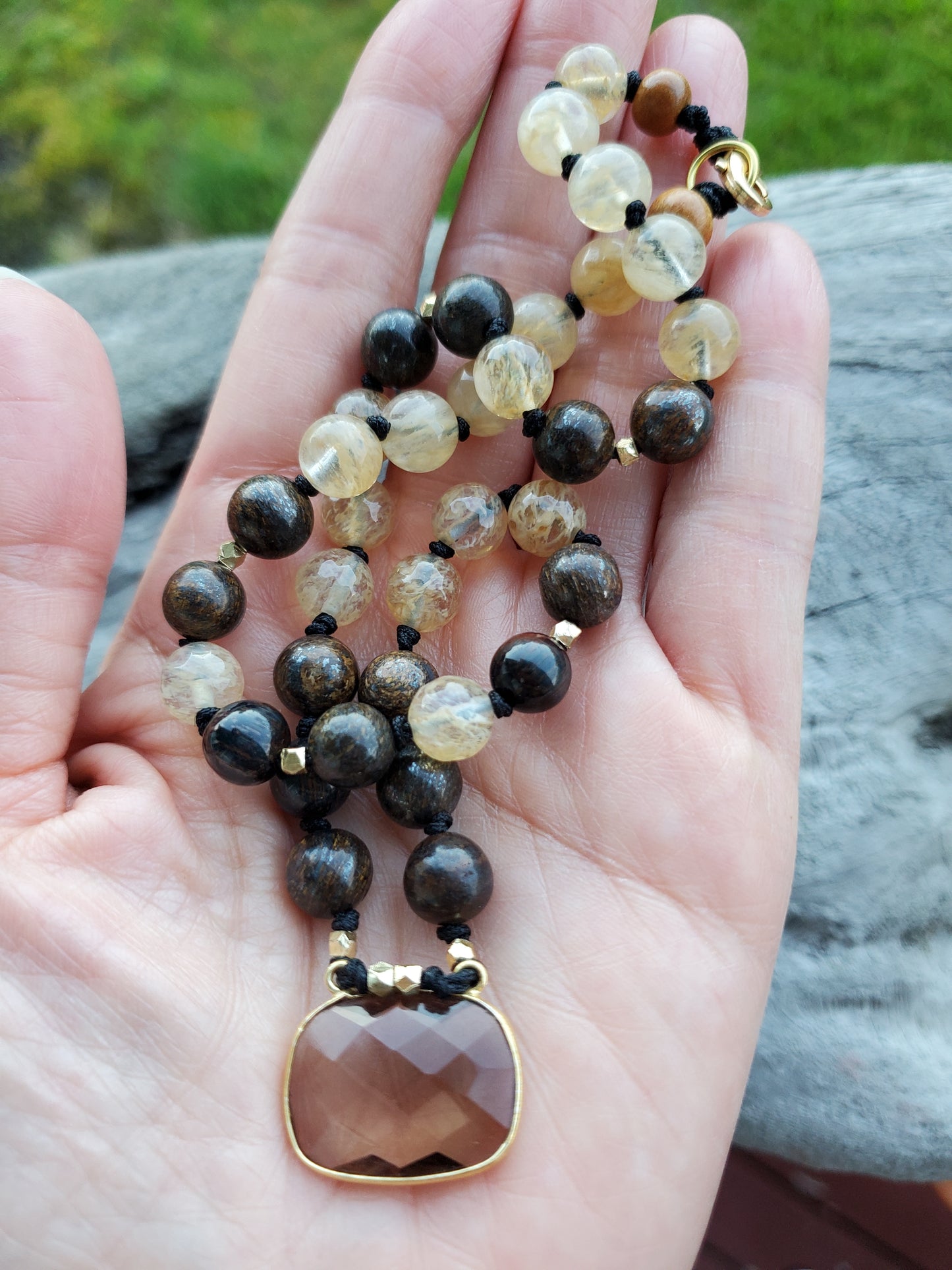 Knotted Gemstone Necklace Bronzite/Smokey Quartz