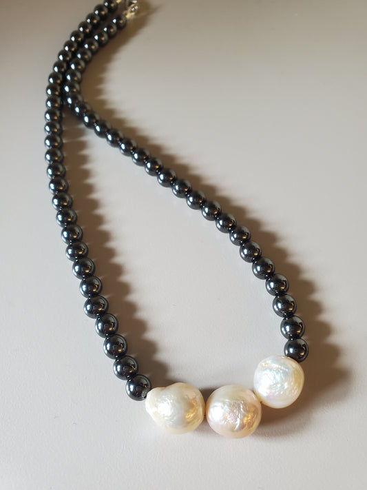 Trio Flameball Pearls & Hematite Necklace