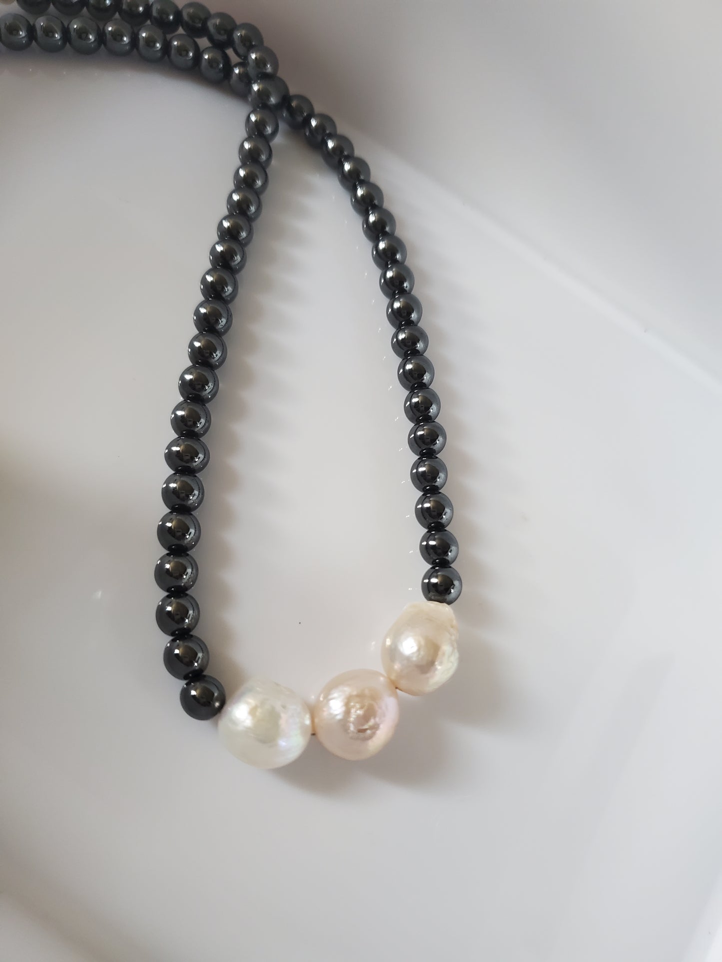 Trio Flameball Pearls & Hematite Necklace
