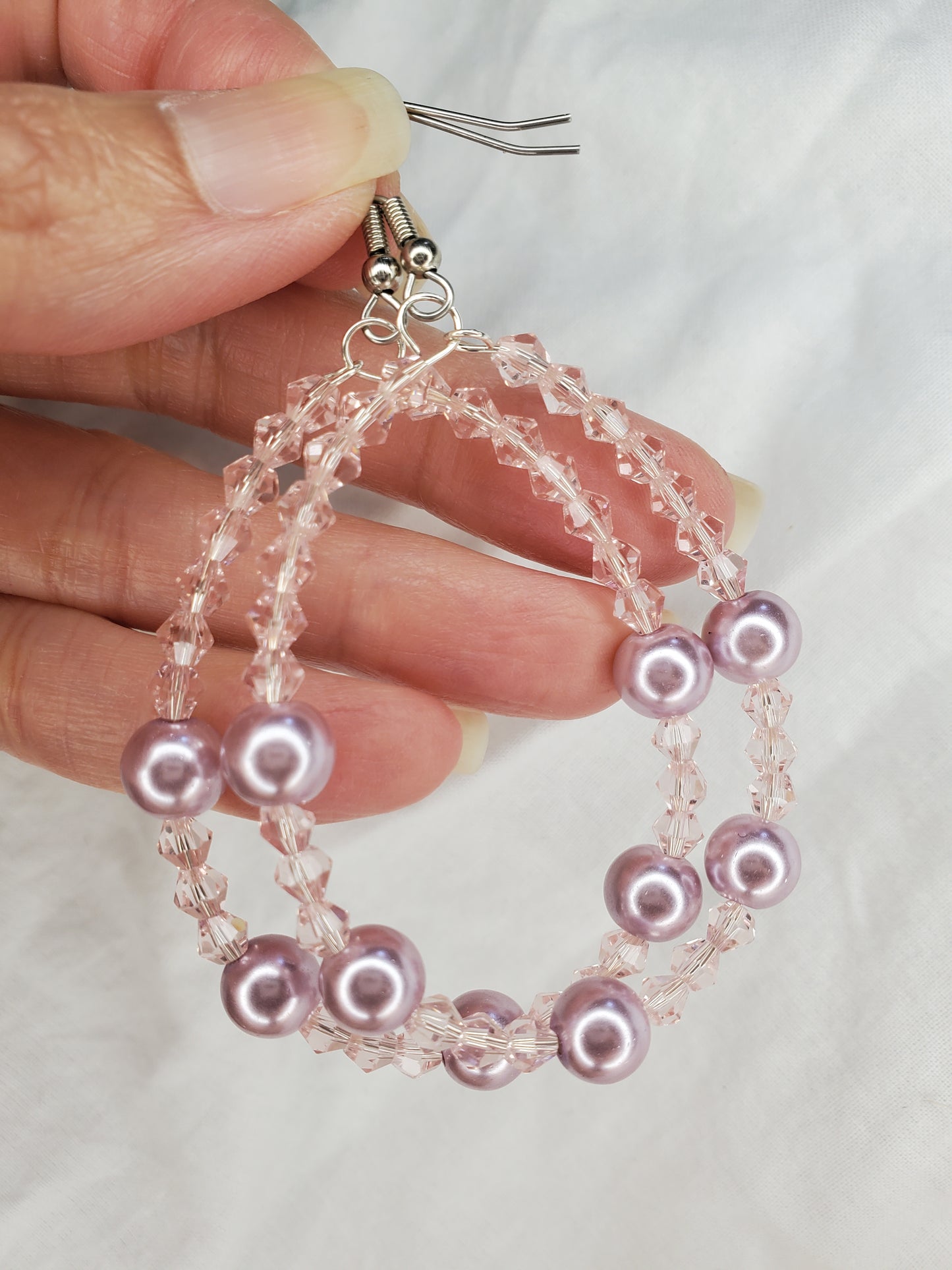 Fire Polished Crystal/Pearl Hoops-Baby Pink